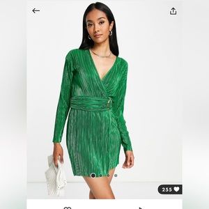 ASOS DESIGN plisse wrap mini dress with tortoise shell trim in green